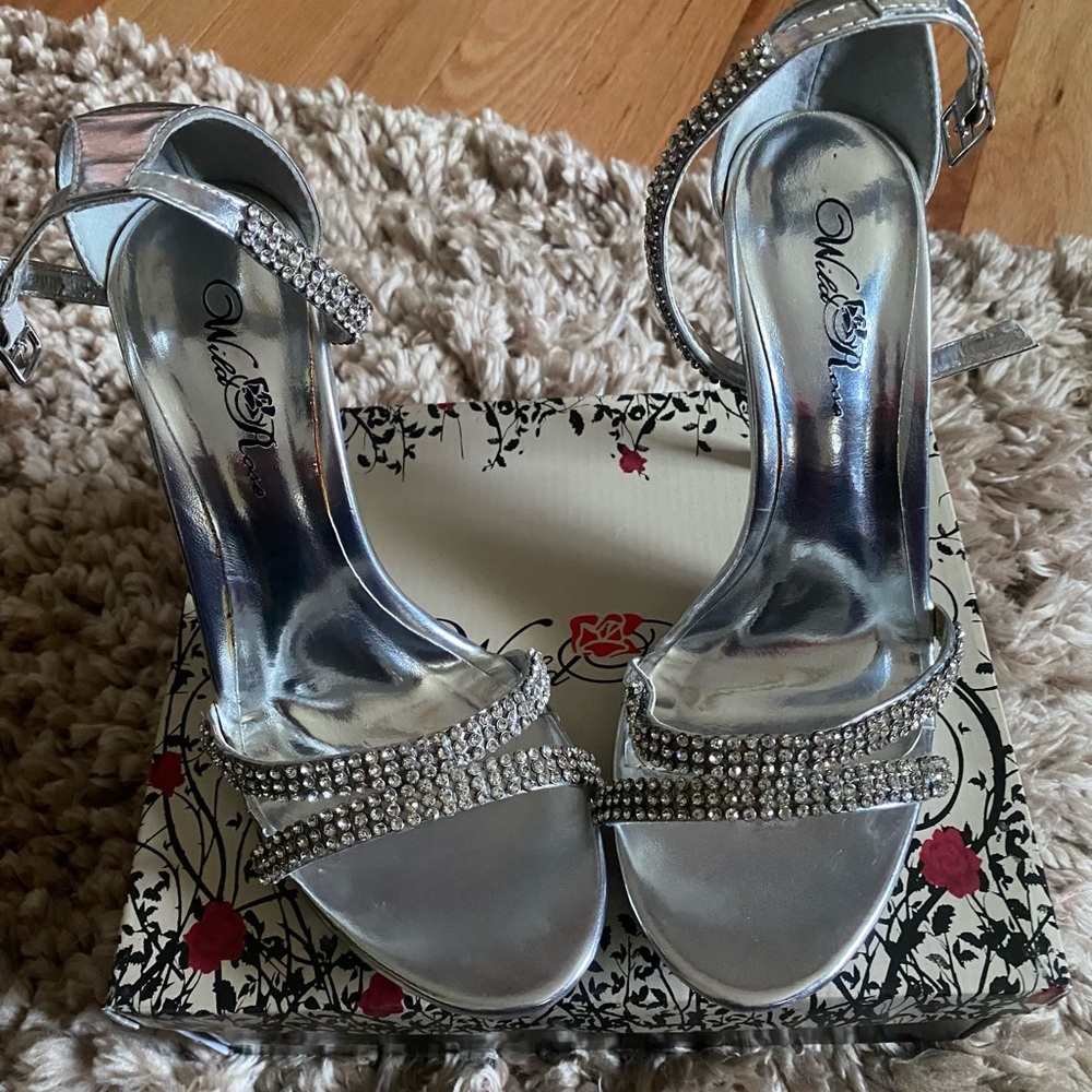Wild Rose Silver Heels with Rhinestone Straps